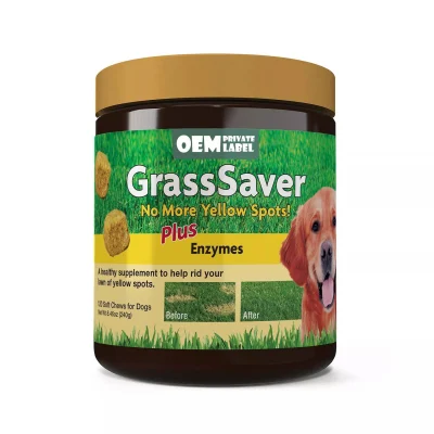 Das Grasssaver-Hundeergänzungsmittel der Handelsmarke hilft, den Urin zu neutralisieren, um gelbe Rasenflecken zu beseitigen. Hundeernährung